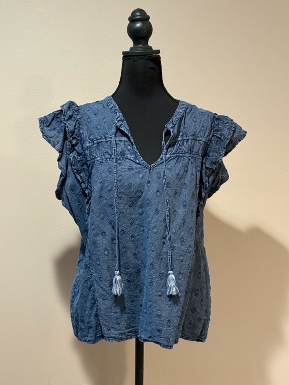 Tribal Jeans  Blue Textured Top with Tassel Ties